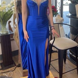 Royal Blue Strapless Evening Gown with Rhinestone Detail